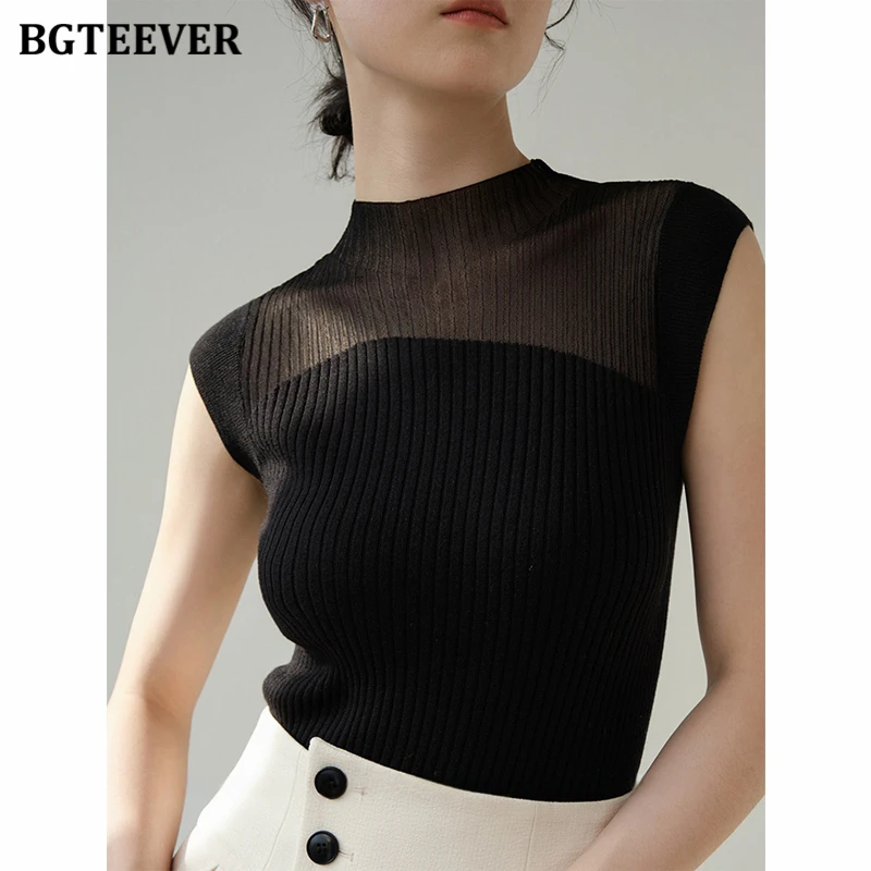 BGTEEVER Elegant Sleeveless Women Tank Tops Summer Slim Ladies Knitted Camisole Solid Female Vests