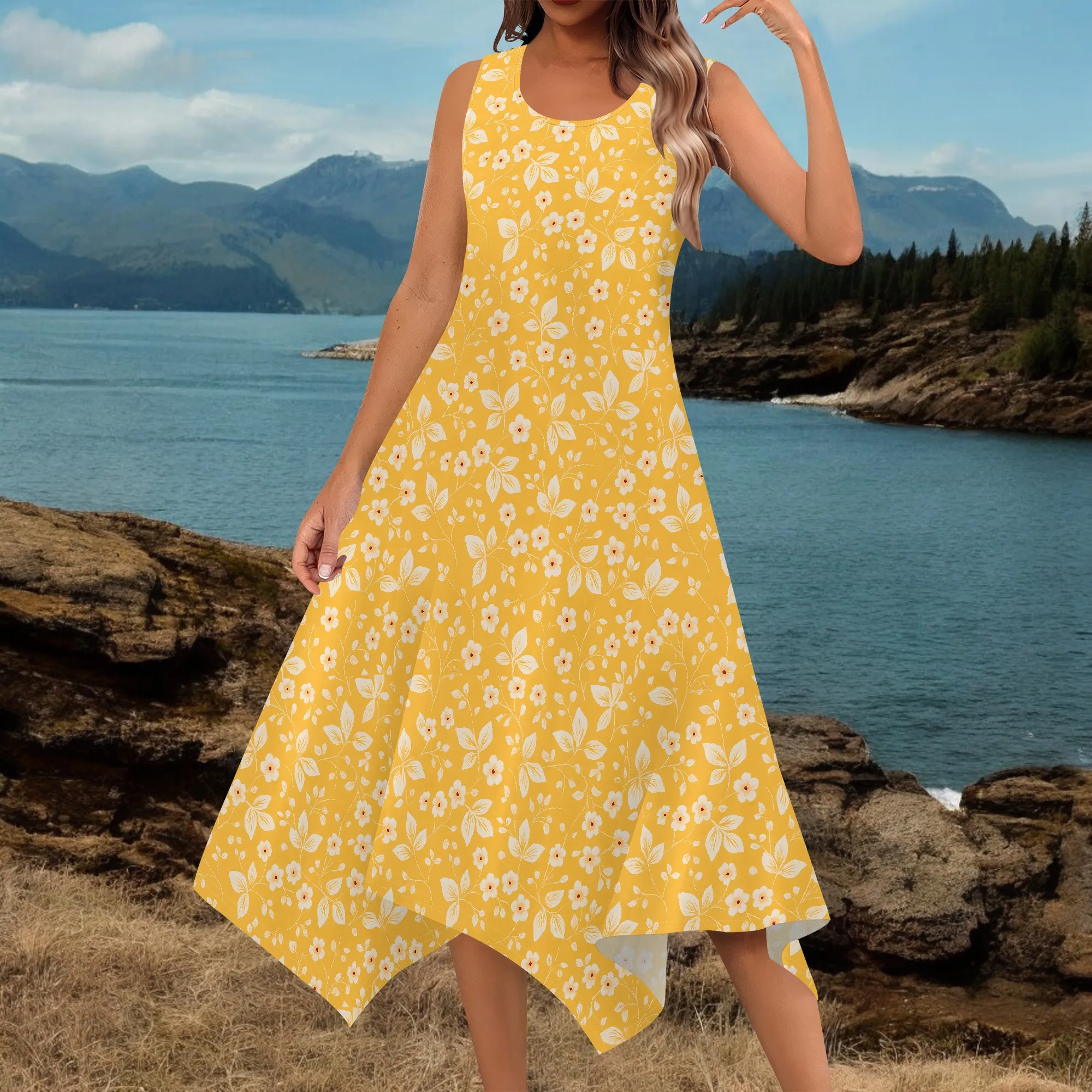 ชุดเดรสฤดูร้อนสตรี Sundresses แขนกุดคอ U หลวม