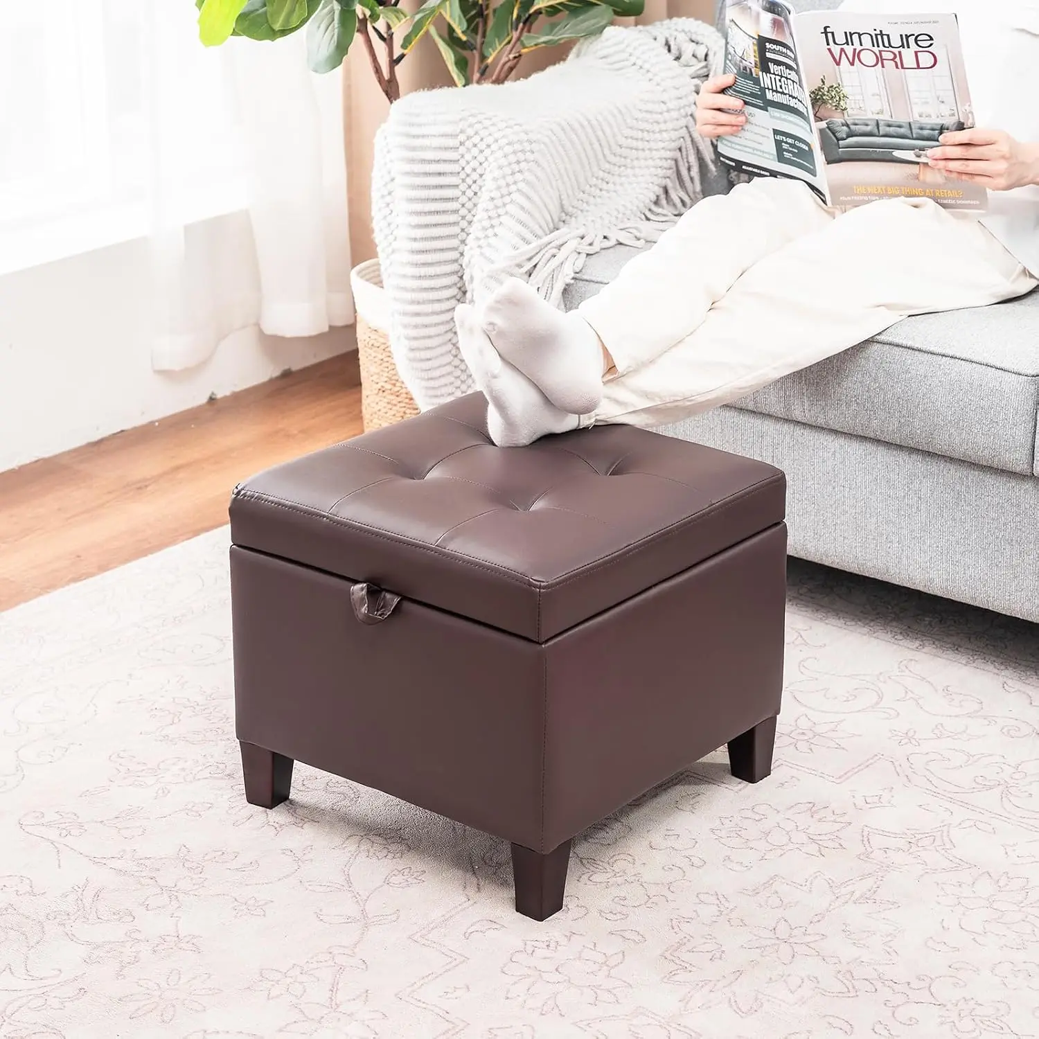17-Inch Square Faux Leather Storage Ottoman Footstool, Foot Rest Stool with Padded Seat, Small Ottoman with Storage for Living