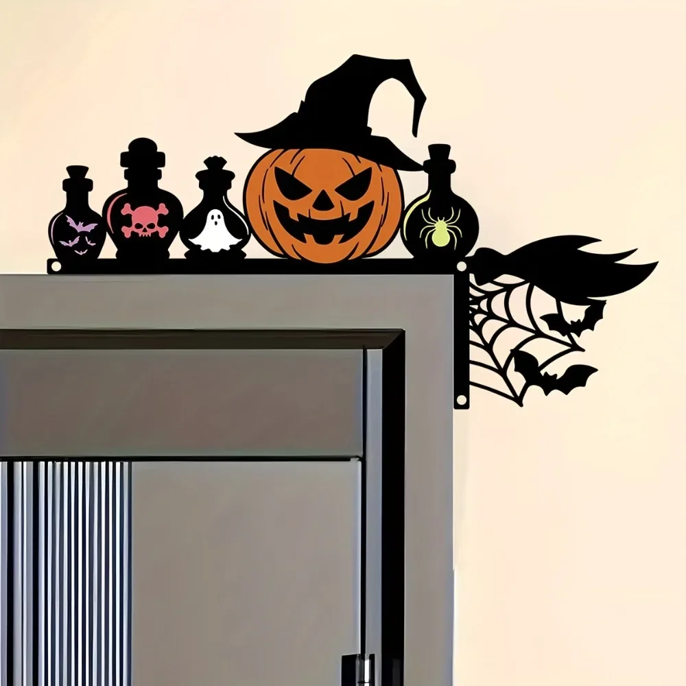 CIFBUY Halloween Door Corner Metal Art Witch Hat Potion Bottle Pumpkin Ghost Bat Web Spider 2D Cutout Rustproof Hanging Decor