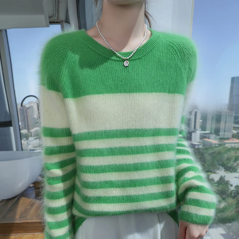 

HOT SALE Ladies' O-neck new 100% mink cashmere sweater, high-end loose knit color blocked women's full sleeved pullover sweater