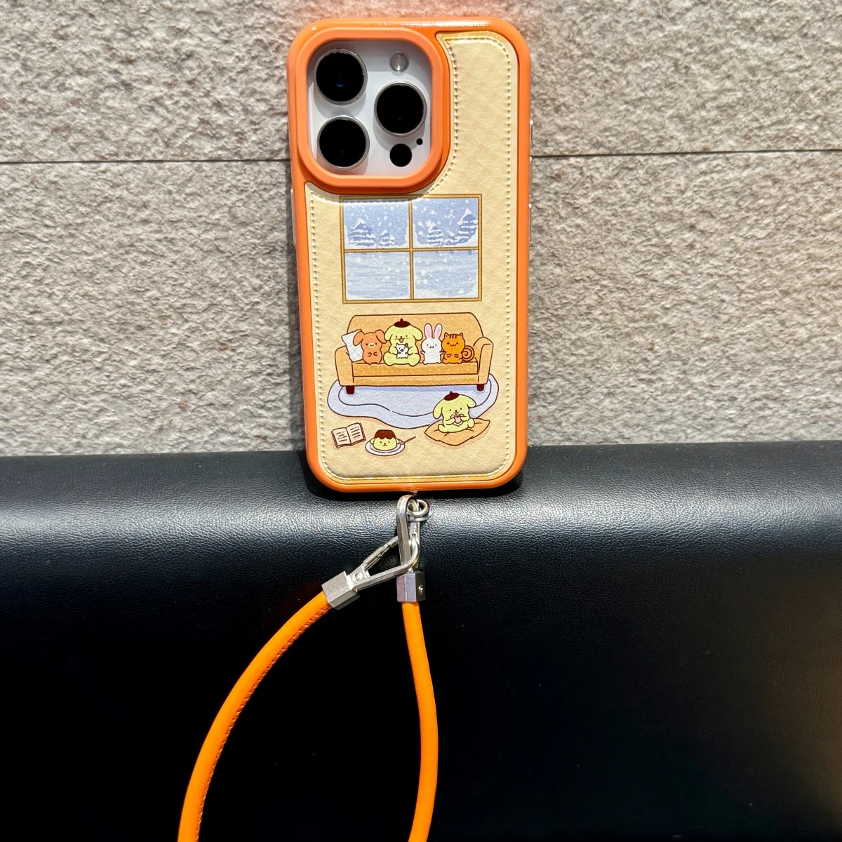 الجلود منقوشة البرتقال بودنغ الكلب مناسبة لحالة هاتف أبل 17 برو ماكس 16 15 14 برو ماكس جراب هاتف مع حبل معلق