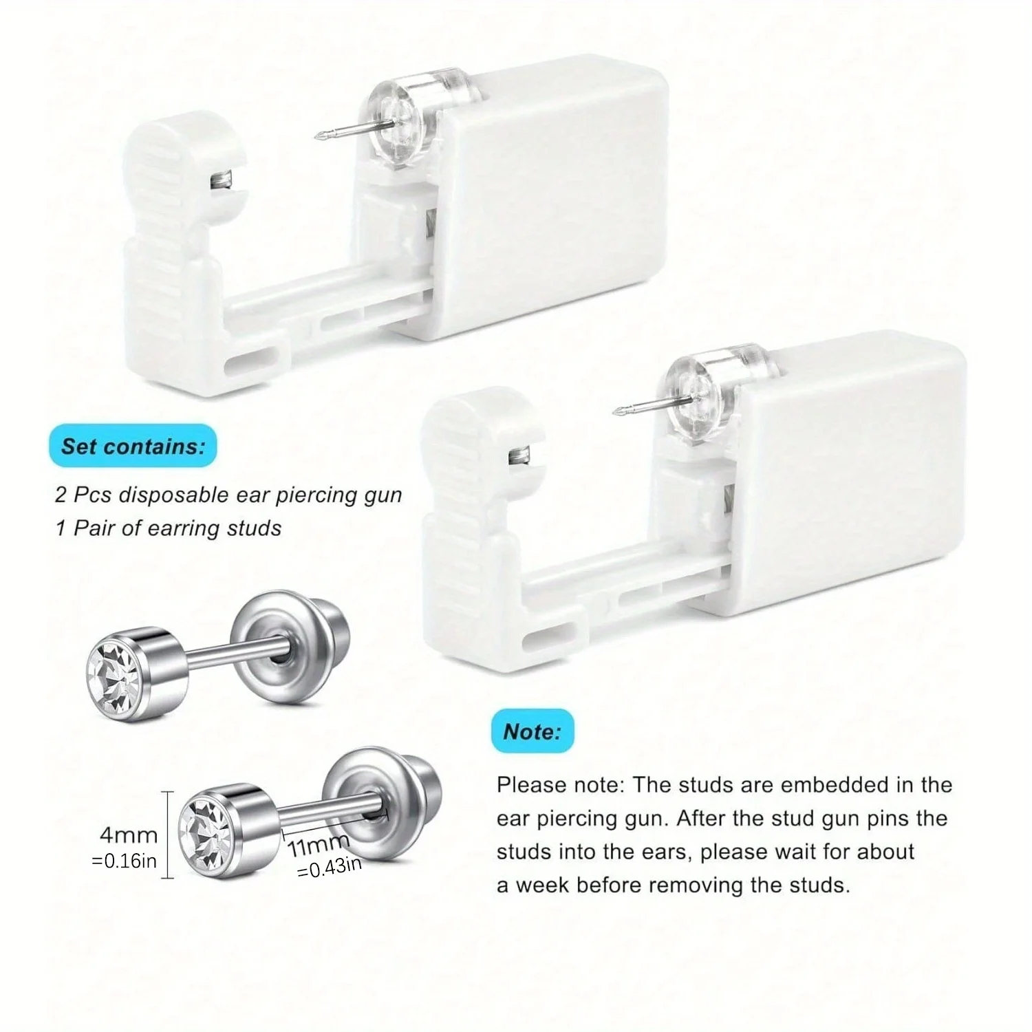 2pcs Elegant Classic Style Disposable Sterile Ear Piercing Gun Kit with Painless Tool and Cubic Zirconia Studs for Women and Men