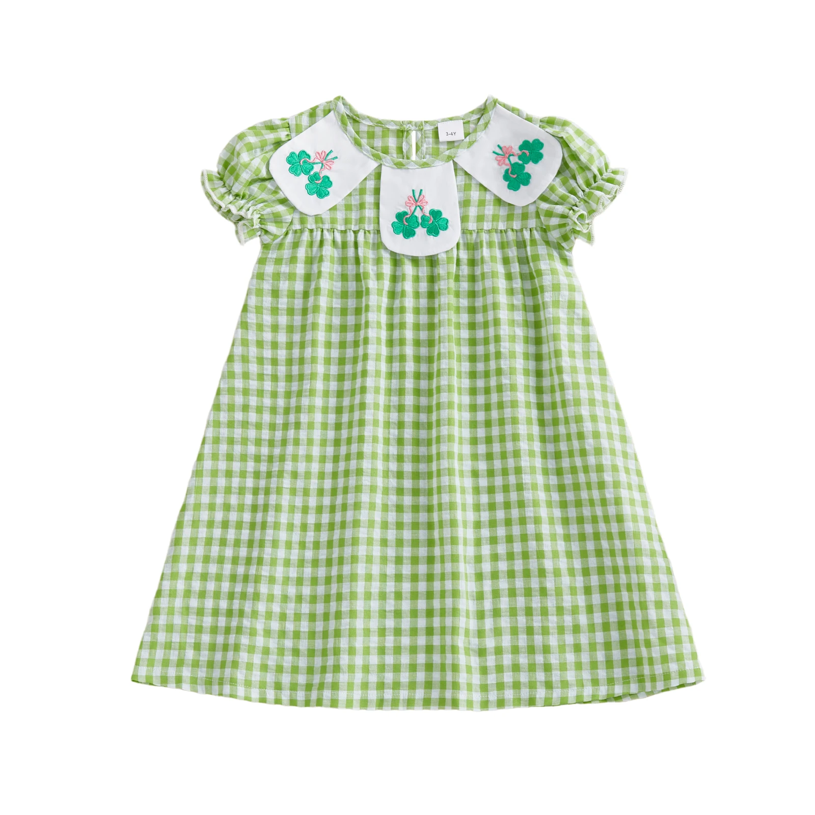 

Stylish Toddler Girls Green Plaid Dress with Adorable Shamrock Embroidery and Short Bubble Sleeves for a Fashionable Look