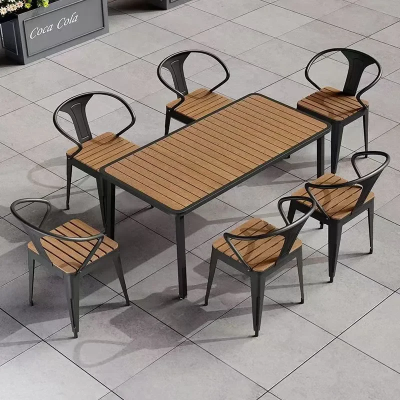 Nordic Outdoor Plastic Wood Table and Chair Set Waterproof Anti-corrosion Sun Protection Simple Villa Balcony Courtyard
