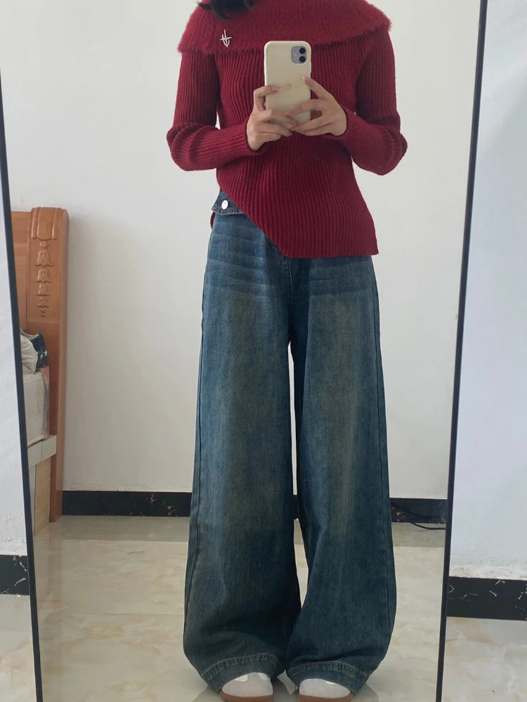 Jean rétro américain à jambes larges pour femmes, pantalon d'été fin, ample, amincissant, taille haute, Long