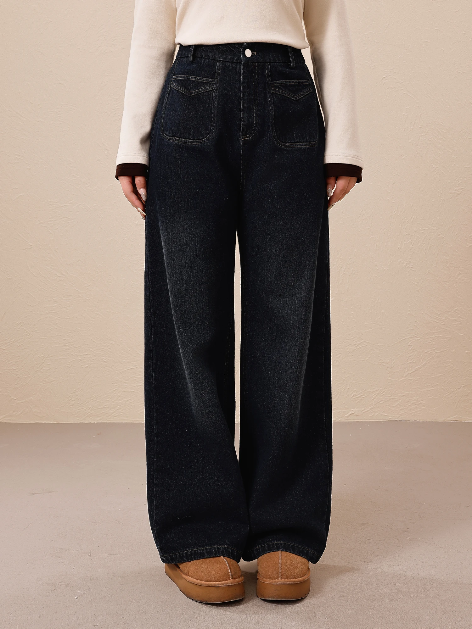 

plus Size Women's High Waist Wide Leg Jeans Fce Lined Slimming Concealing Denim Pants Winter Commute Sle Cotton Blend