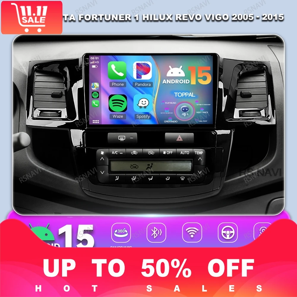 Android 15 Radio del coche para Toyota Fortuner 1 Hilux Revo Vigo 2005 - 2015 5G WIFI inalámbrico Carplay Auto GPS estéreo Multimedia DSP