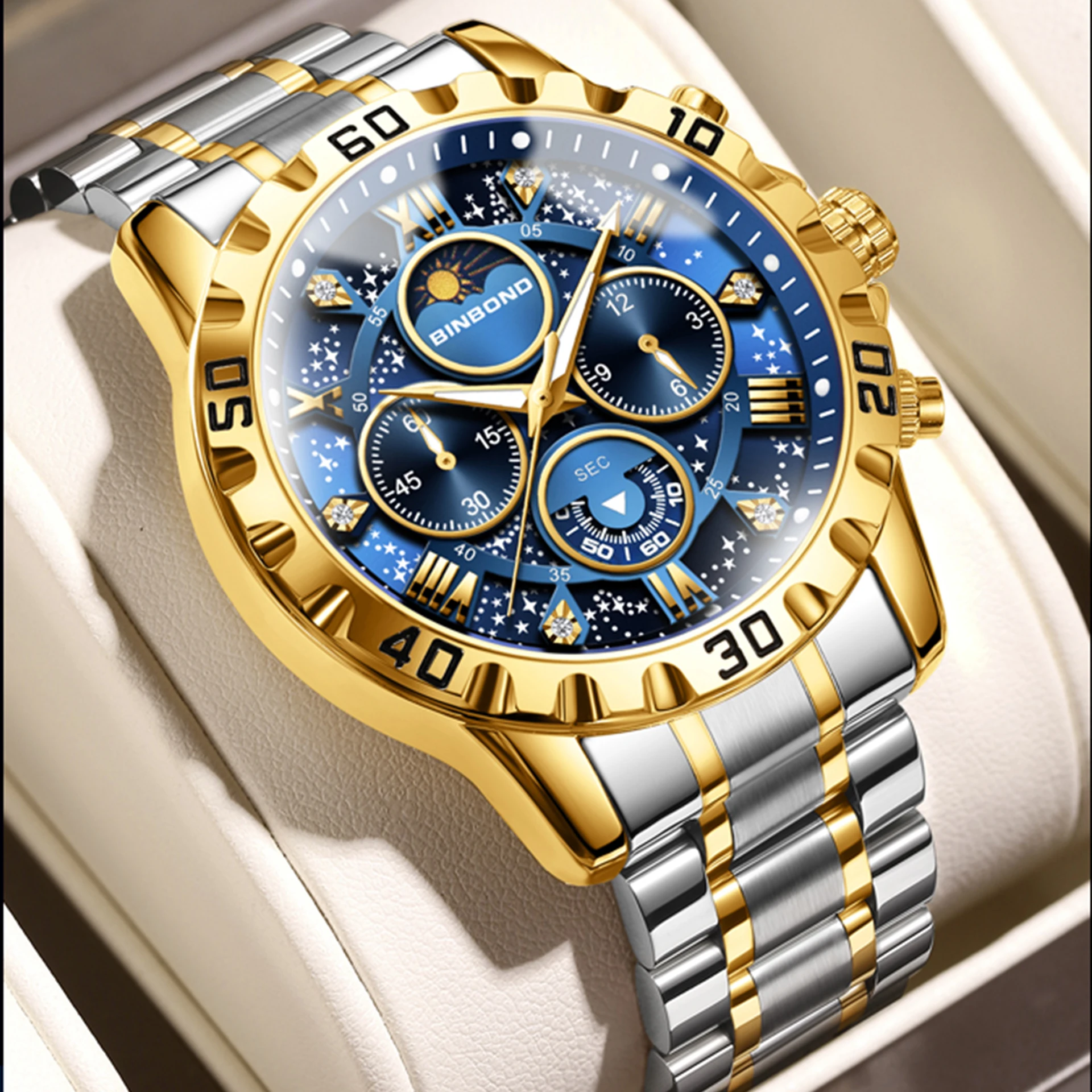 BINBOND ساعات رجالية فاخرة رياضية كوارتز ساعة معصم للرجل مقاوم للماء الفولاذ المقاوم للصدأ مضيئة كرونوغراف تاريخ القمر المرحلة