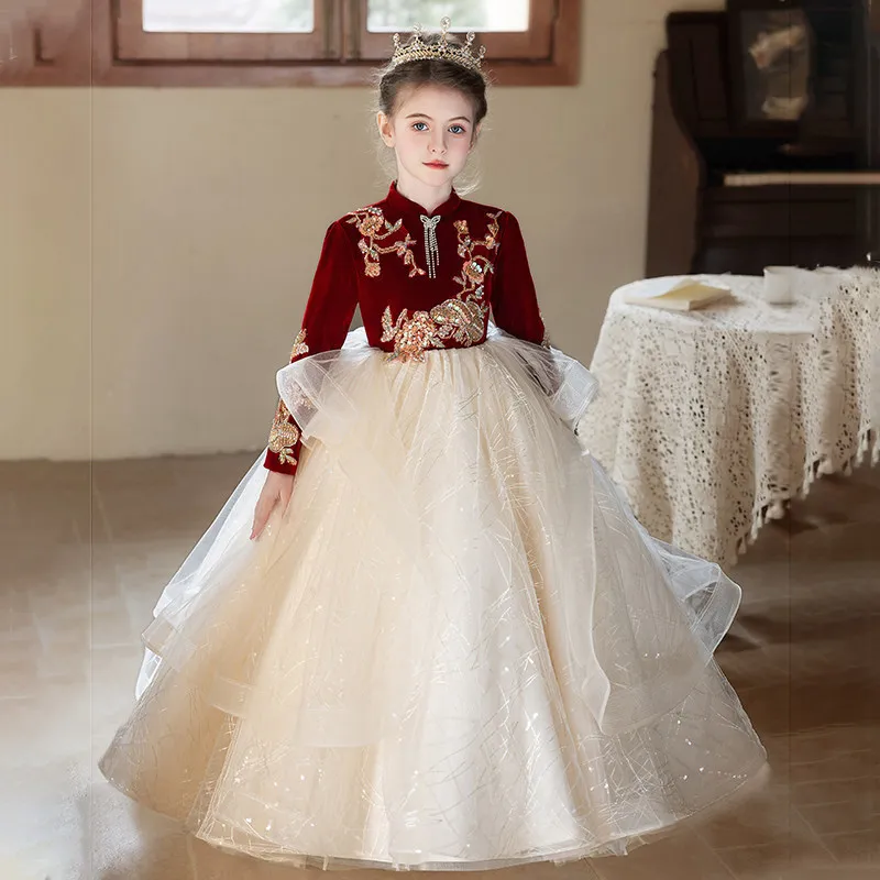 New Chinese Style Kids Gown Velvet Long Sleeve Little Girl Birthday Formal Gown Autumn Winter Princess Dress Singing Performance