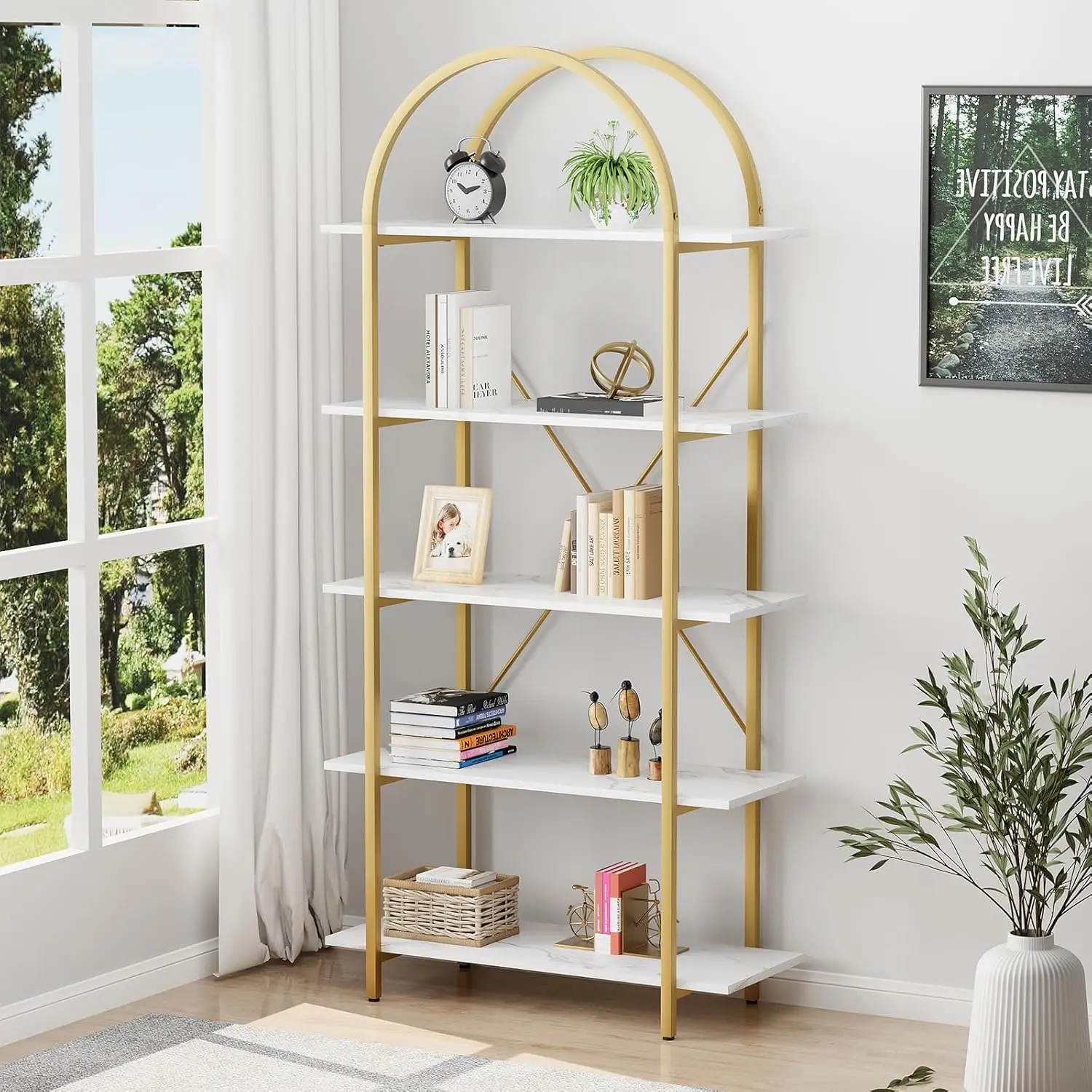 

5-Tier Industrial Arch Bookshelf, 31.5 Inch Wide Curved Bookcase with Open Shelves for Home Office, Living Room, Bedroom in Gold