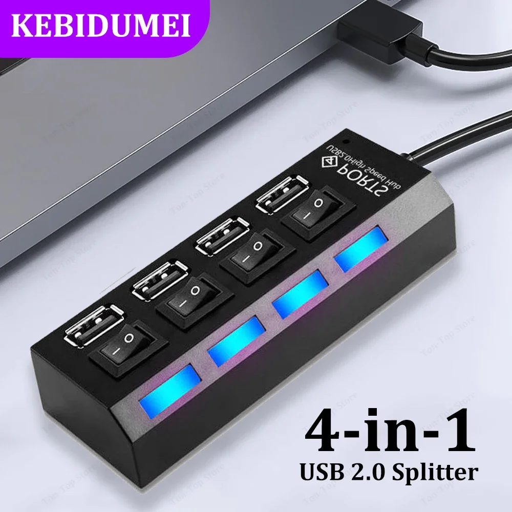 4-in-1 USB HUB USB 2.0 Splitter USB to USB 2.0 Adapter 480Mbps High Speed USB Docking Station with On/Off Switch For PC Laptop