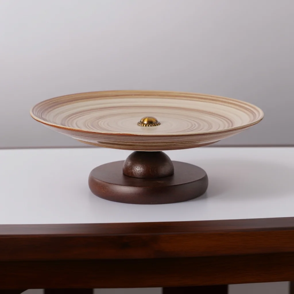 1Pc U-Shaped Double-Layer Fruit Plate, Double-Layer Fruit Tray with Handle, Spiral-Patterned Ceramic Dessert Tray, Single-Layer/Double-Layer Fruit and Snack Tray with Wooden Base, Dessert and Candy Display Stand, Suitable for Coffee Tables, Home Decor, and Party Decorations