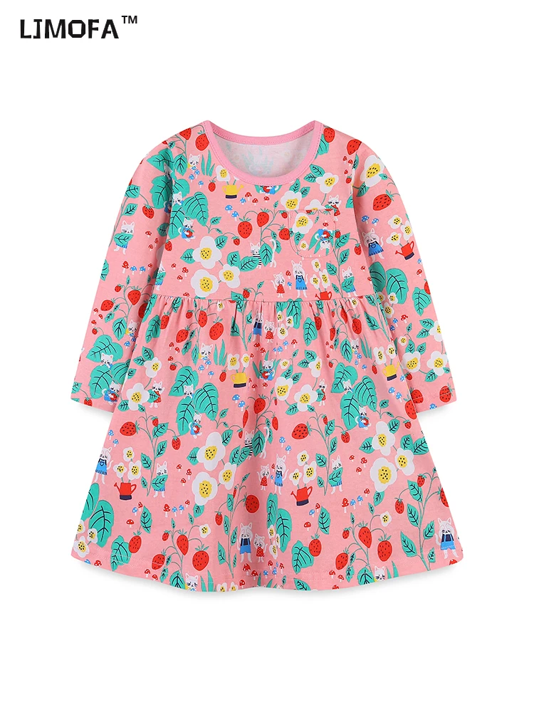 LJMOFA Kids Baby Dress Spring New Cotton Long Sleeves A-Line Skirt for Cute Sweet Little Girl Princess Flower Print Clothes D226