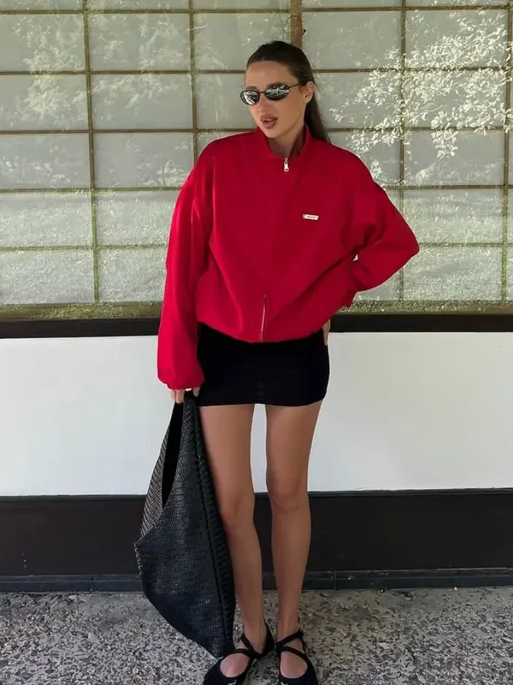 

Women Red Stand Collar Trench Coats Fashion High Street Drawstring Zipper Loose Jacket Chic 2025 Lady Autumn Daily New Outerwear