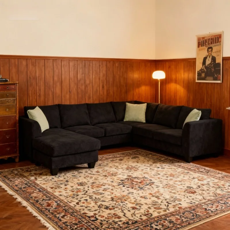 Dos sofás Negro, sofá sin hueso, sala de estar, muebles baratos para el hogar, sofá en forma de U, esquinas de apuesta con función de sueño, cama de Sofu barata