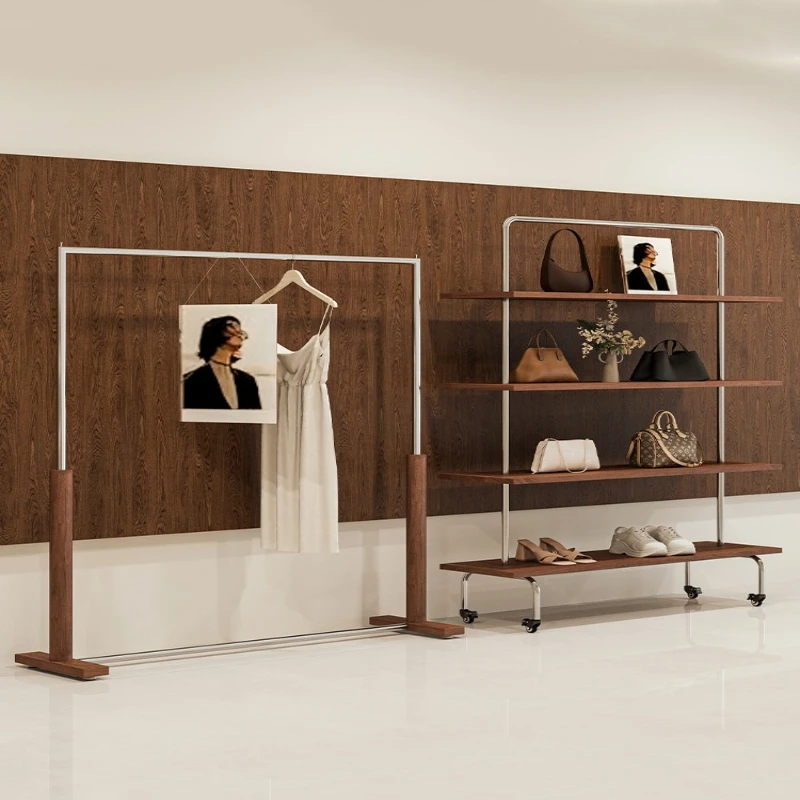 

Women's clothing store shelf display rack floor-to-earth vintage stainless steel hanger clothing store bag shoe storage display