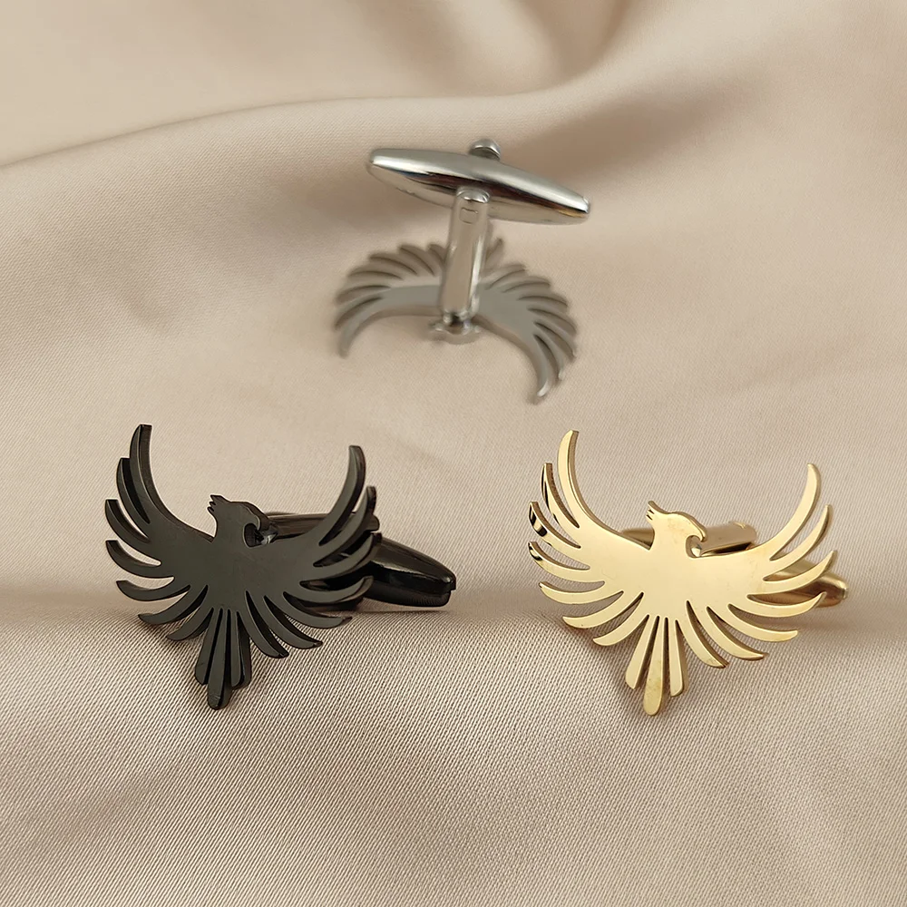 Men's Charming Phoenix Bird Cufflinks Tri-Color Stainless Steel Neo-Gothic Animal Cufflink Tuxedo Jewelry Accessories for Men