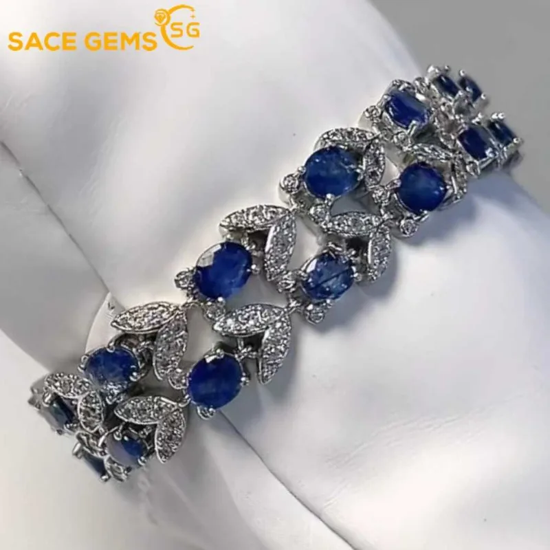 

SACE GEMS New 925 Sterling Silver 4*5MM Natual Sapphire Gemstone Bracelrts for Women Engagement Cocktail Party Fine Jewelry