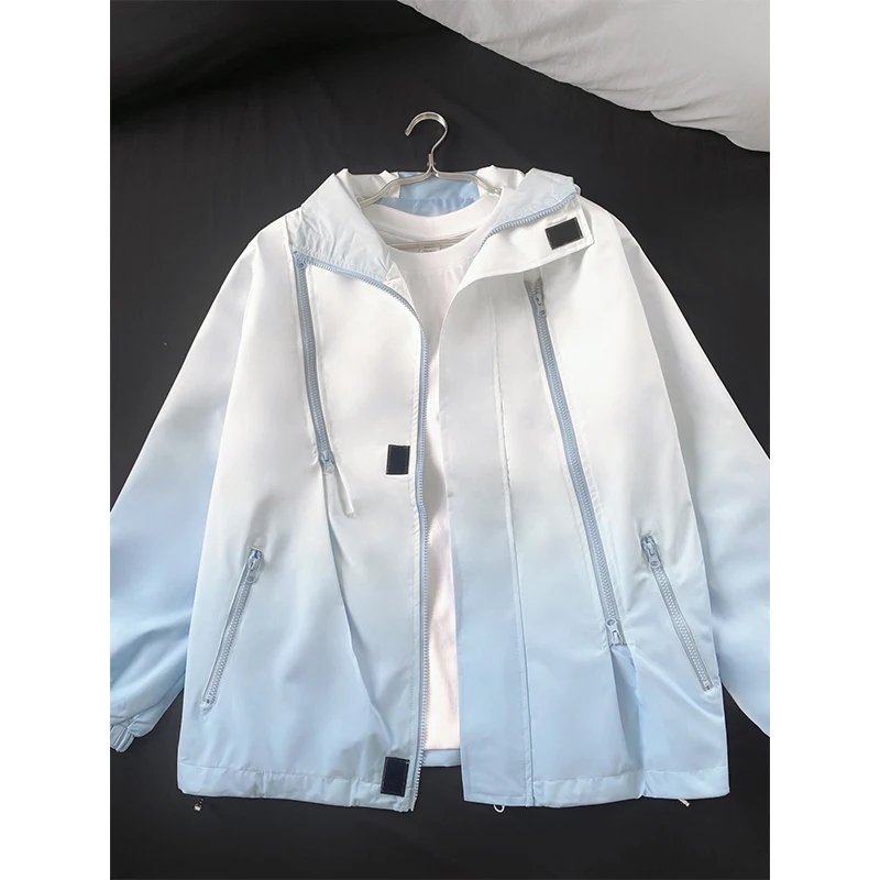 

Сине-белая мужская осенняя куртка с капюшоном, американская функциональная ветрозащитная водонепроницаемая куртка на молнии для активного отдыха и альпинизма