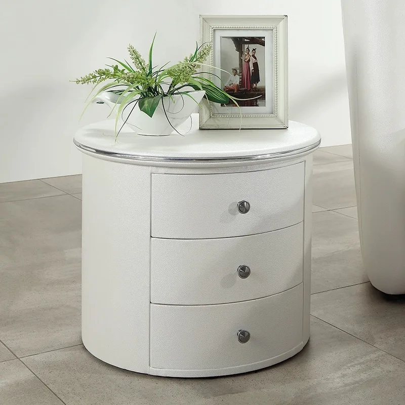 Light Luxury Nightstand Round Nightstand with Three Drawers Storage Wooden Bedroom Furniture Bedside Table