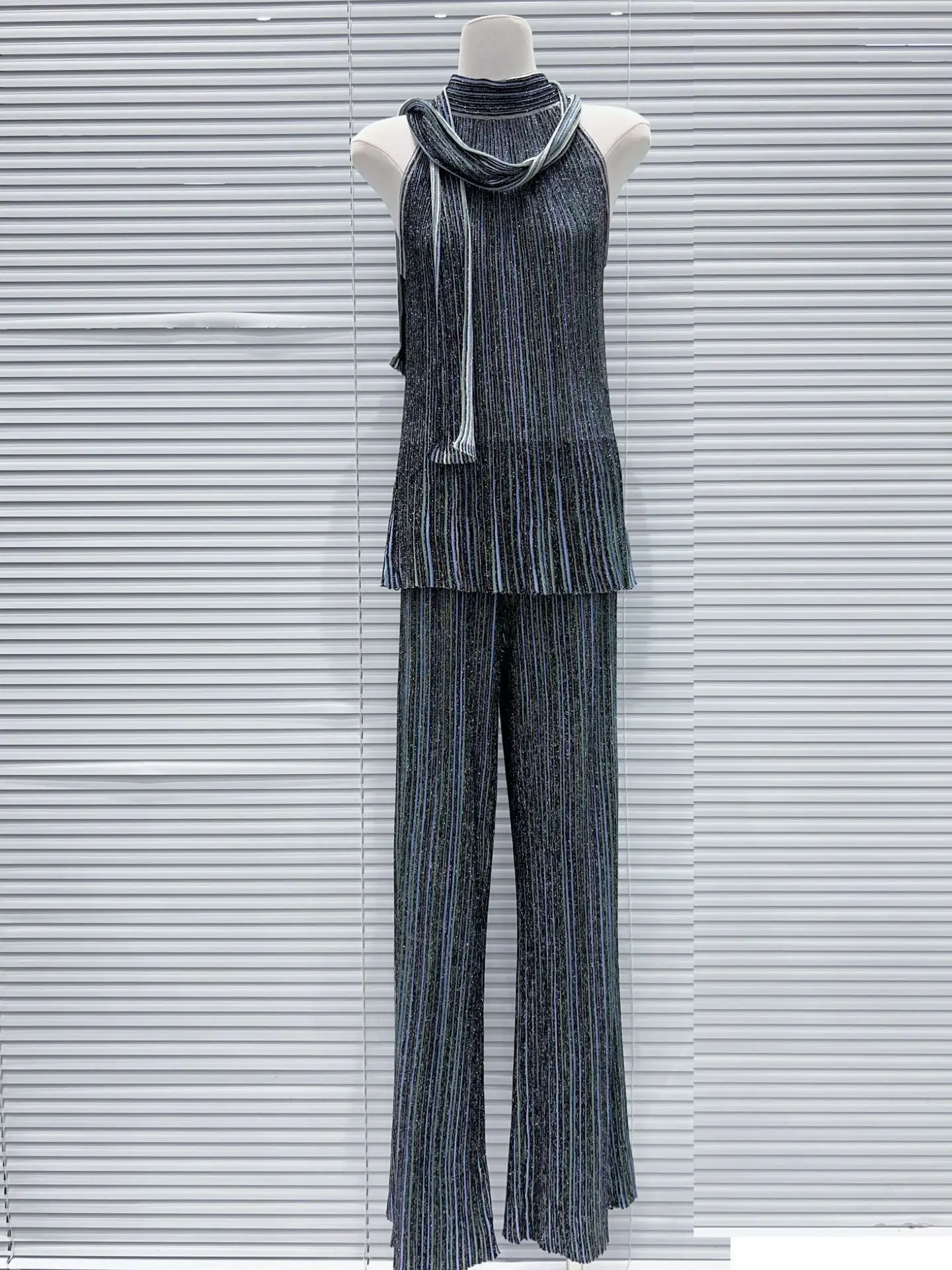 High-End Version Glitter Thread Color Block Slim Fit Belted Sleeveless Knitted Dress Pants Series Women's Fashion Spring Set
