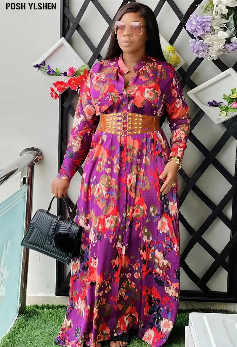 Wide Belt African Long Dresses for Women 2023 Traditional Nigeria Flower Print Caftan Dress Abaya Musulman Robe Femme Clothes