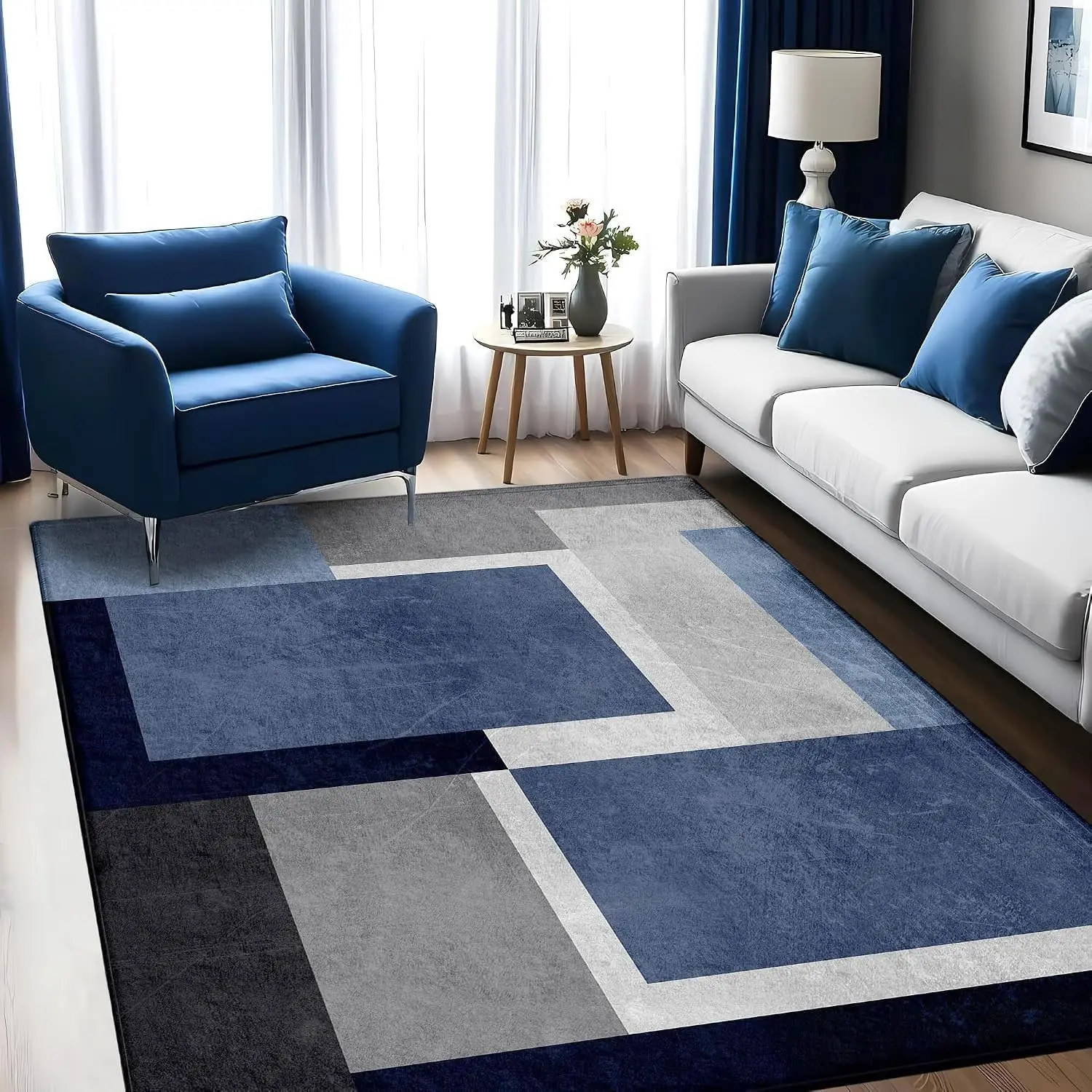 1pc 2D Flat Blue Grey Rectangle Geometric Printed Floor Mat, Decorative Rug for Living Room, Bedroom, Office, Home Decor