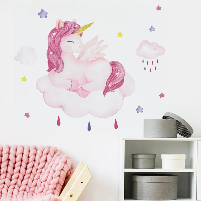 Smiling Unicorn Wall Stickers  Background Wall for Kids room Girls room Decor Vinyl Wall Removable Decals for Nursery Home Decor