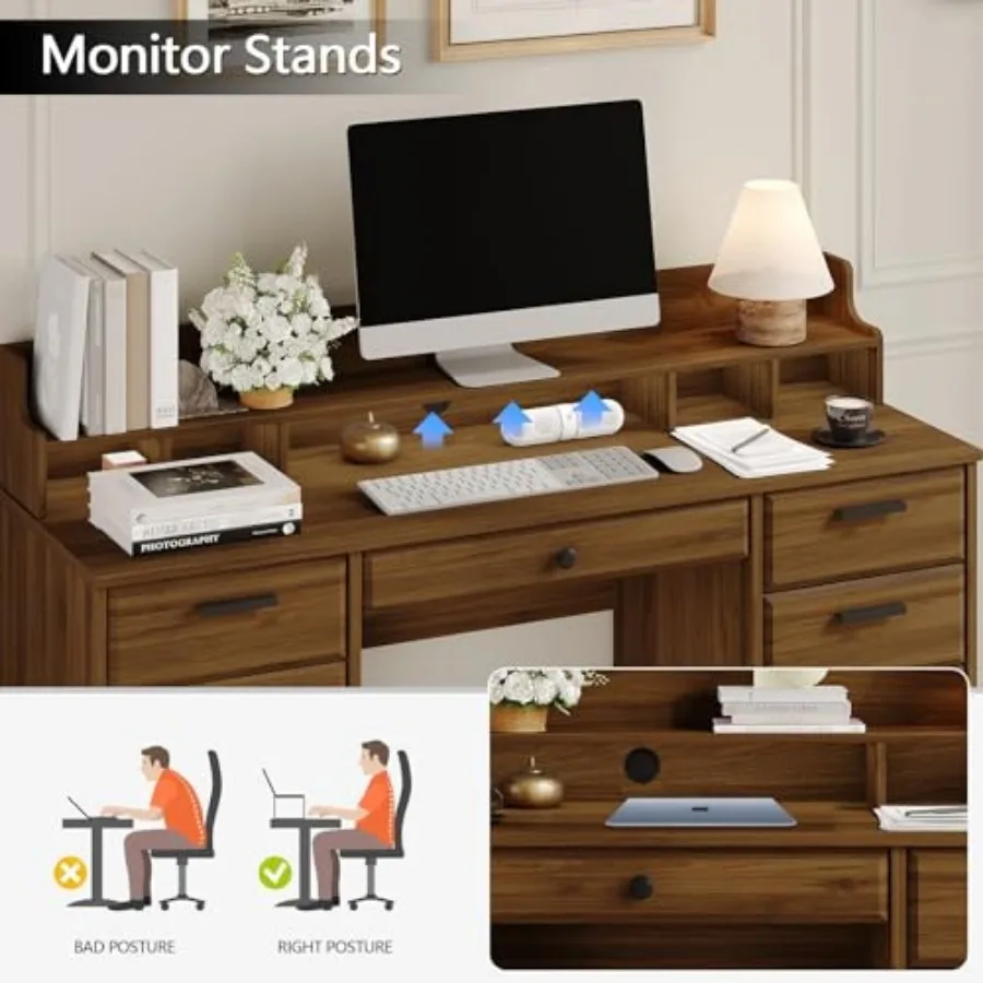 58 Inch Executive Desk with File Drawers and Built-in Storage Cabinet for Home Office Use Rustic Brown Computer Desk with Ample