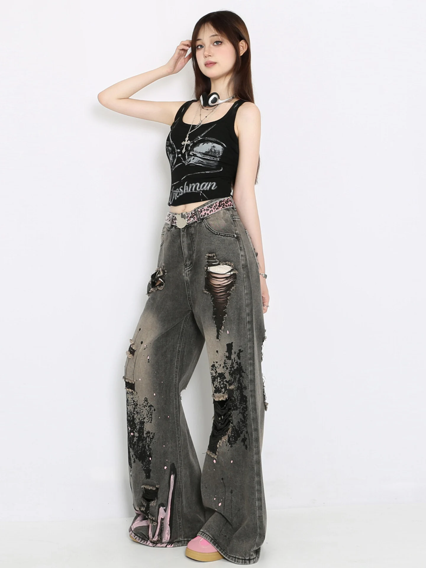 American Sle été ample mince fiti trou taille haute haute rue jambe droite jean femmes jambe large longueur au sol pantalon