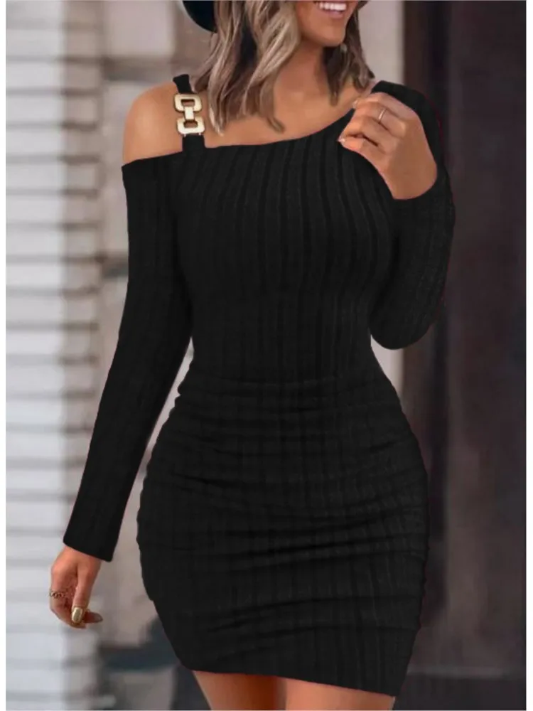 Frauen sexy Kette aus der Schulter Mini kleid Herbst Mode Bodycon Langarm Kleider für Frauen Winter dünn gestrickte Vestidaos