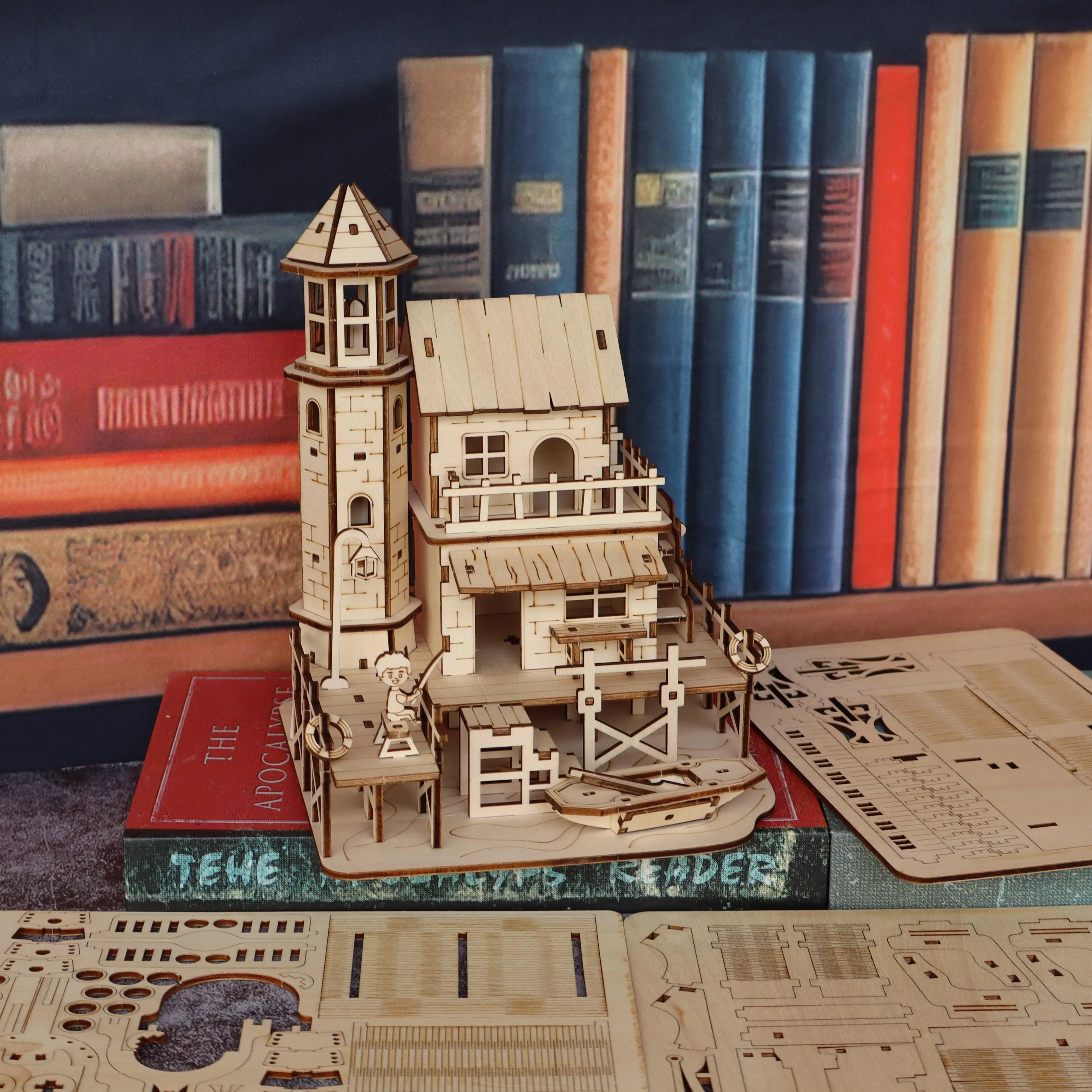 مجموعة نماذج تجميع خشبية لمقصورة الصياد، نموذج بناء قرية الصيد الخشبية ثلاثية الأبعاد مصنوع يدويًا