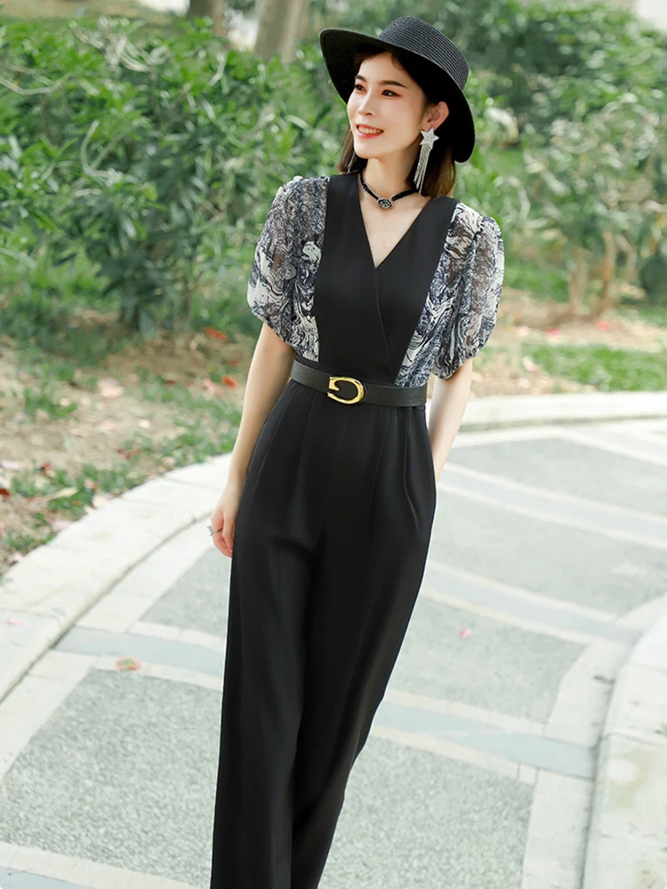 Koreaanse Elegante Patchwork Zwarte Jumpsuit Dames Zomer Hoge Taille Jumpsuits Met Korte Mouwen Combinaison Femme Overalls