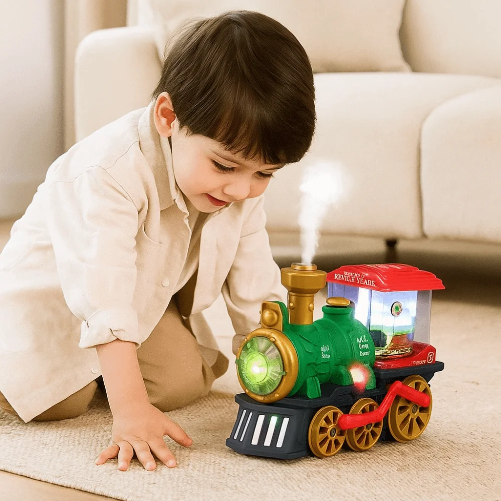 

Cute Vintage Locomotive Electric Steam Train Sounding Simulation Steam Educational Rotating Lights Spray Train Early Learning