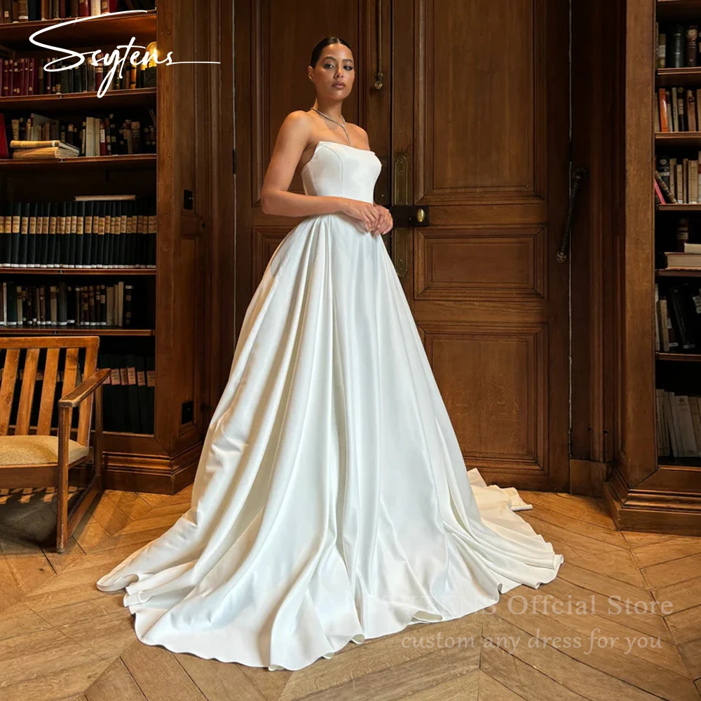 

SSYTENS Элегантные атласные свадебные платья цвета слоновой кости трапециевидной формы без бретелек со складками платья для выпускного вечера 2026 женские свадебные платья винтажные по индивидуальному заказу