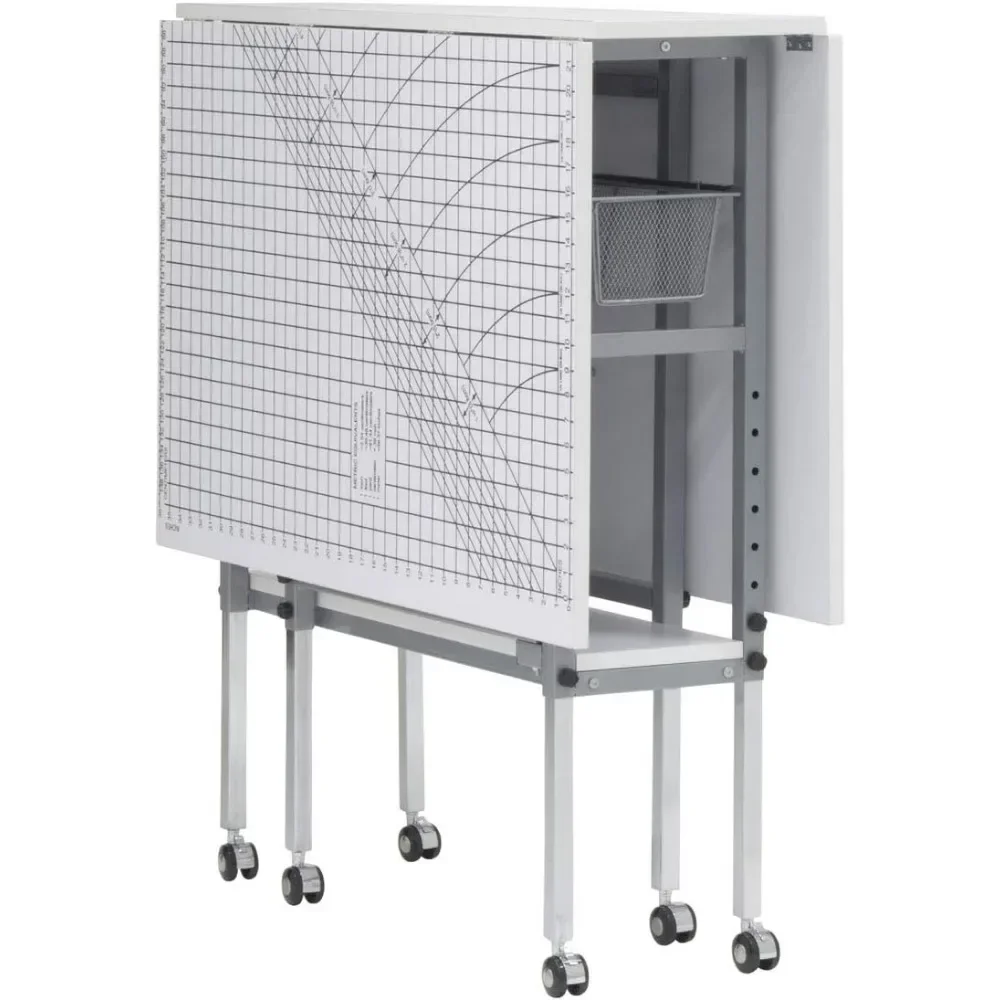 Mesa de rejilla para aficionados y cortar: mesa blanca para artes y manualidades de 58,75 pulgadas de ancho x 36,5 pulgadas de profundidad con tapa de rejilla y cajones de almacenamiento plateados