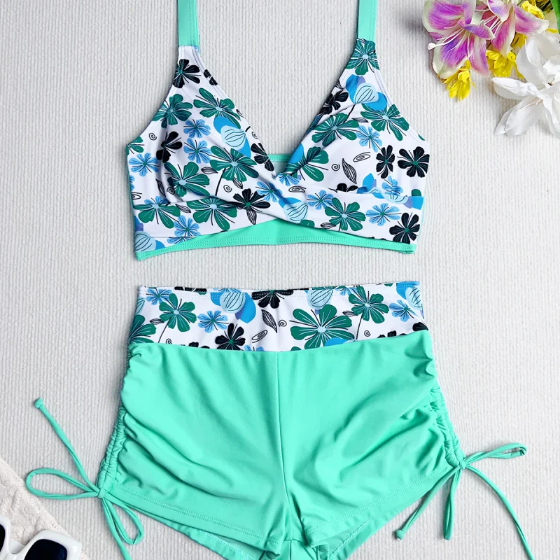 NewTankiniPrinted Tank Top Two-Piece High-Waisted Boxer Drawstring Shorts Bikini for Women