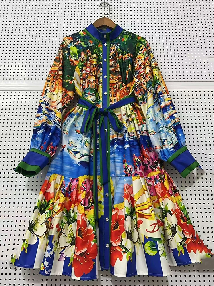 Modisches, lockeres Kleid in Übergröße für Damen mit Retro-Geometrie-Print, Stehkragen, Einreiher, Spitzenbesatz an der Taille und plissiertem Hemdkleid-Stil.