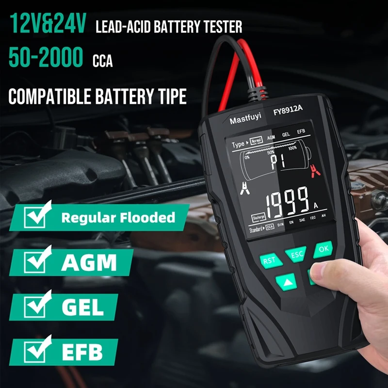 Car Battery Tester 12V/24V Battery System Analyzer 50-2000CCA Battery Health Display Comprehensive Diagnostic Test Tool