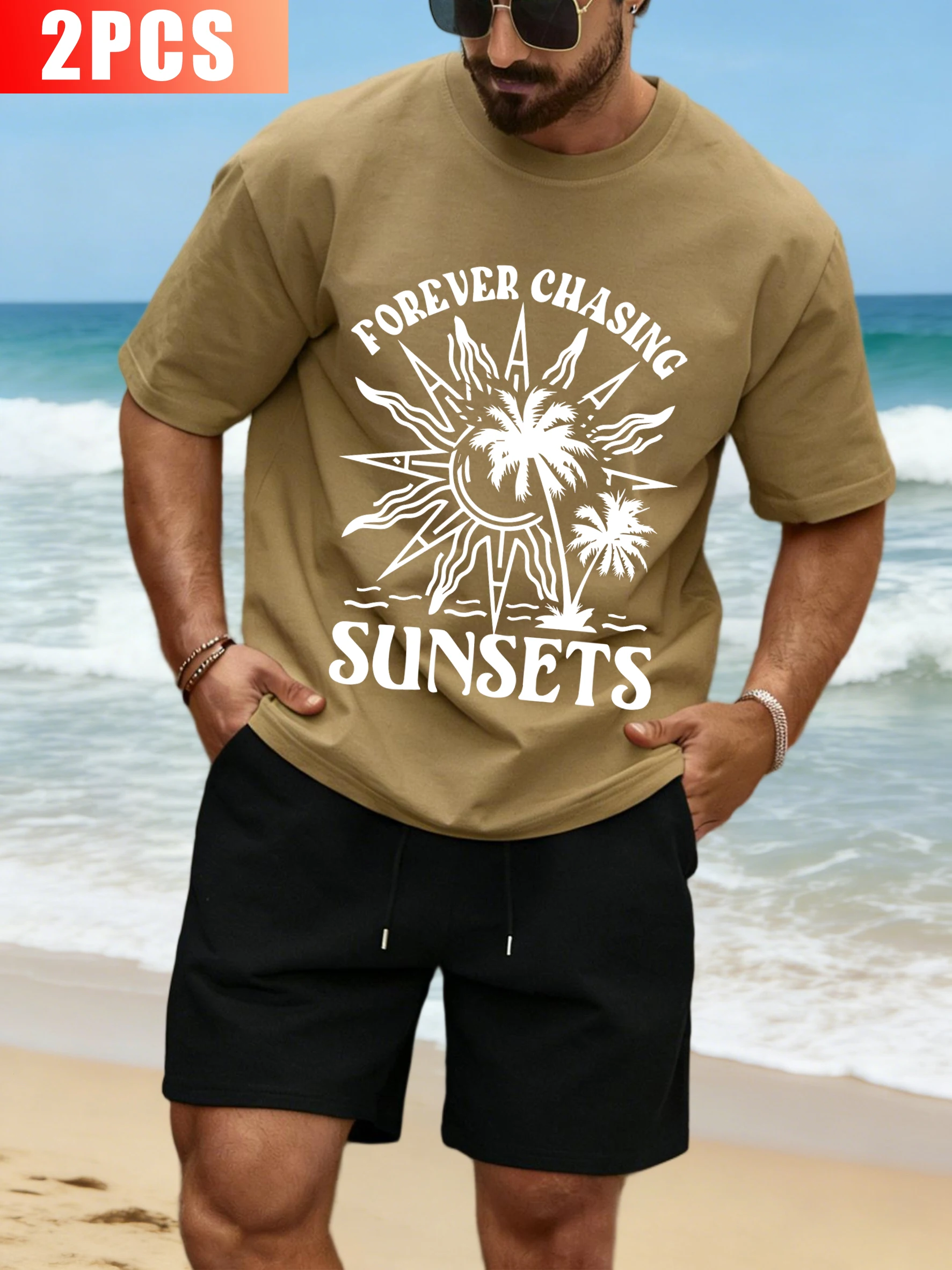 

Forever Chasing Sunset Print Vacation Suit Mens Summer Cotton Top Soft Drawstring Shorts Unisex Clothes Loose Male Fashion Tee