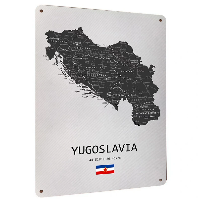 Former Yugoslavia Map Metal Wall Art Federal Emblem Vintage Decorative Painting for Living Room Study