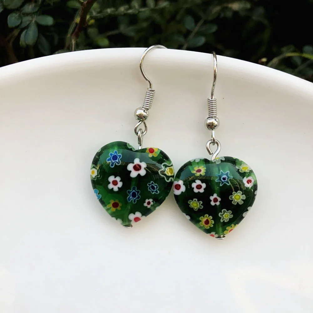 1 Pair Vintage Heart Love Thousand Flower Glass Murano Pendant Earrings Suitable For Women Jewelry Gift Floral Drop Cheap Item