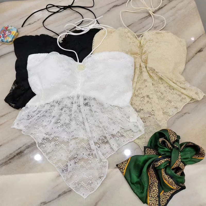 Sexy Halter Neck Camis For Women Y2k Summer Lace Hollow Out Female Korean Chic With Chest Pads Slim Vest New
