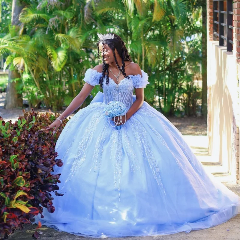 

Blue Quinceanera Dresses Off the Shoulder Glitter Crystal Decal Long tail Bow Vestidoe 15 Quinceanera Customize