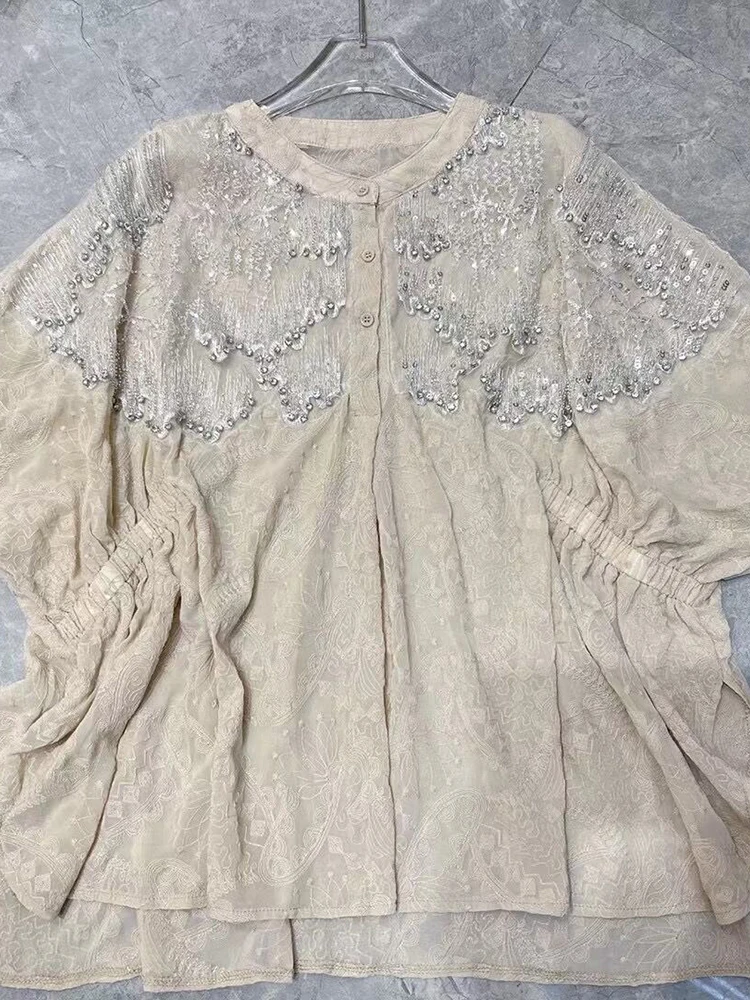 Beaded sequined lace loose shirt new spring and summer split blouse