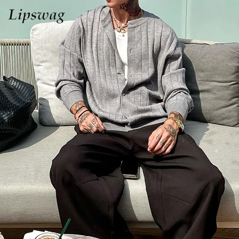 

Trendy Mens Textured Knit Jacket Coat 2026 Spring Fall New Casual Button-up Crew Neck Cardigan Tops Men Vintage Knitted Sweaters