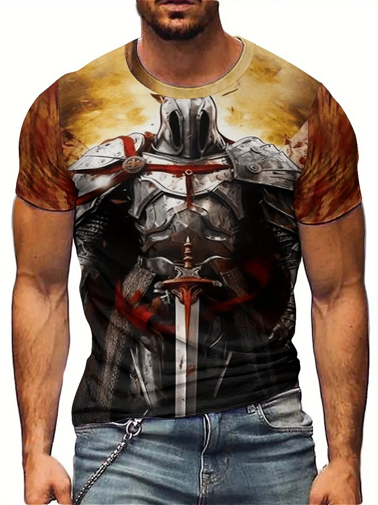 

Men'S Stylish Knight Shield & Sword Graphic T-Shirt - Breathable, Comfortable Short Sleeve Tee for Outdoor Sports & Casual Wear