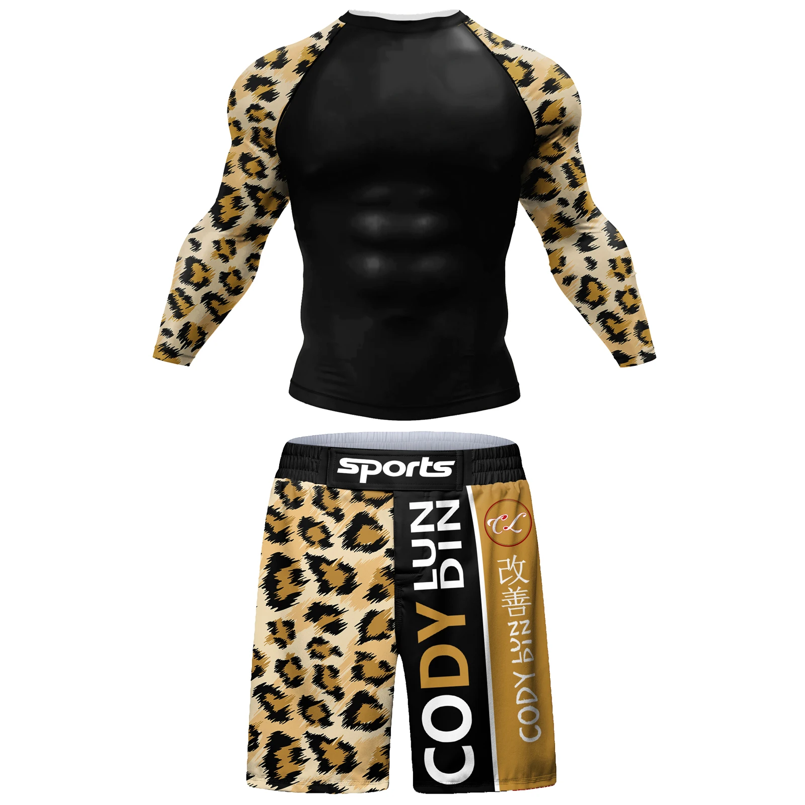 New Kickboxing Rashguard Jiu Jitsu MMA T-shirt +Pant Set Men Bjj Gi Rash Guard Gym Muay Thai Shorts Leopard Printed Active Wear