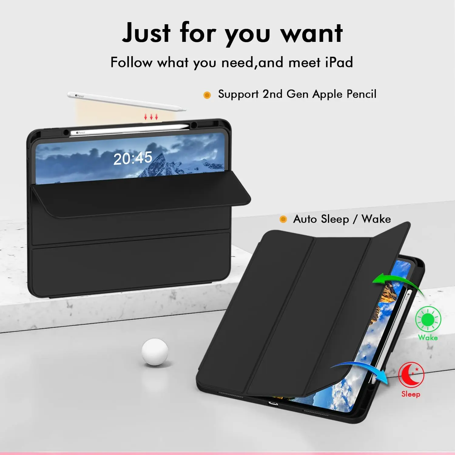 حافظة iPad Air مقاس 13 بوصة M3 2025/M2 2024 مع حامل قلم رصاص، حافظة ذكية بحامل ثلاثي الطي مع ظهر ناعم من مادة TPU، استيقاظ تلقائي/نوم (أسود)